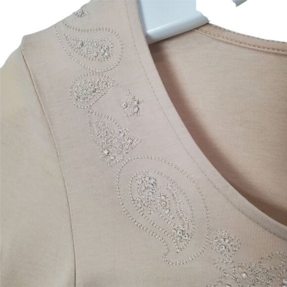 ANN TAYLOR Womens Blouse SZ S Beige Beaded Embroidered Long Sleeves‎ Cotton - Picture 6 of 7